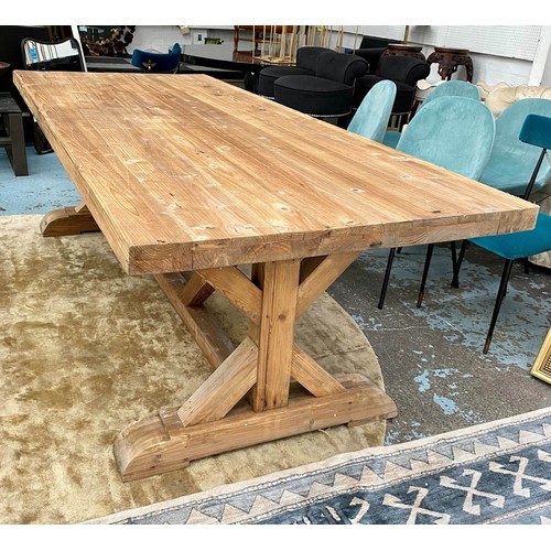 241 - FARMHOUSE DINING TABLE, cross frame base 75cm x 240cm x 100cm.