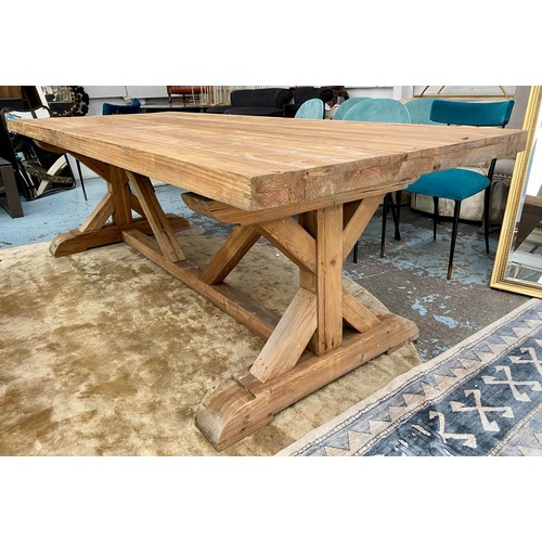 241 - FARMHOUSE DINING TABLE, cross frame base 75cm x 240cm x 100cm.