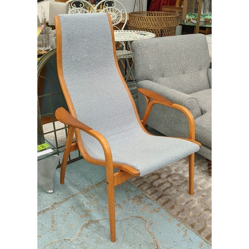 311 - SWEDESE LAMINO CHAIR BY YNGVE EKSTROM, mid Century, later upholstery, 100cm H.