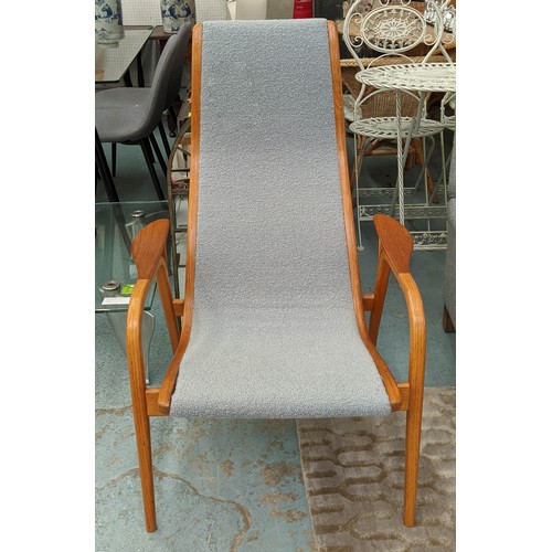 311 - SWEDESE LAMINO CHAIR BY YNGVE EKSTROM, mid Century, later upholstery, 100cm H.