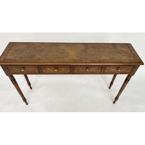 171 - HALL TABLE, George III design burr walnut and crossbanded with four short drawers and turned taperin... 