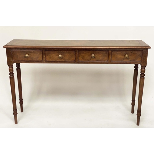 171 - HALL TABLE, George III design burr walnut and crossbanded with four short drawers and turned taperin... 