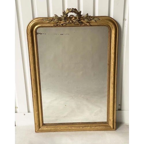 174 - OVERMANTEL MIRROR, 19th century French giltwood and gesso, arched rectangular with laurel crest and ... 