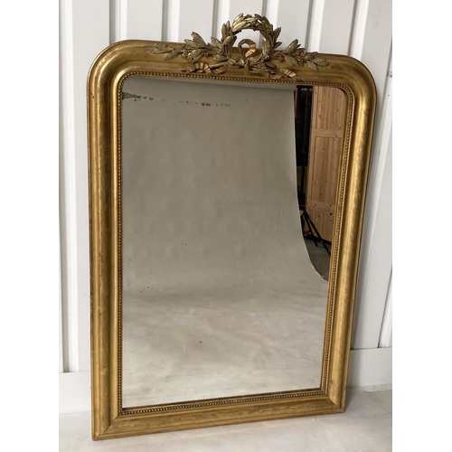 174 - OVERMANTEL MIRROR, 19th century French giltwood and gesso, arched rectangular with laurel crest and ... 