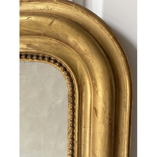 174 - OVERMANTEL MIRROR, 19th century French giltwood and gesso, arched rectangular with laurel crest and ... 