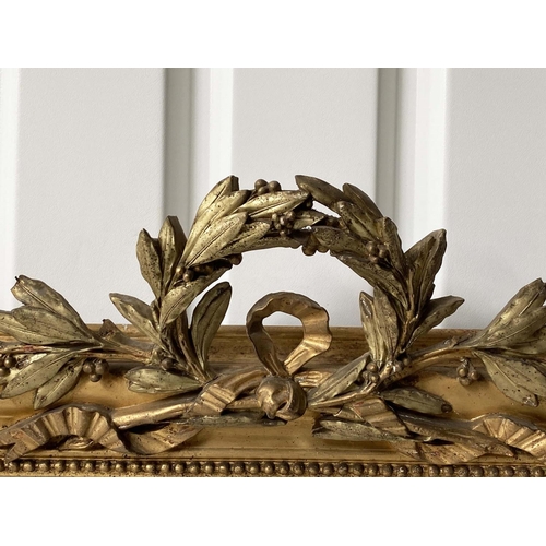 174 - OVERMANTEL MIRROR, 19th century French giltwood and gesso, arched rectangular with laurel crest and ... 