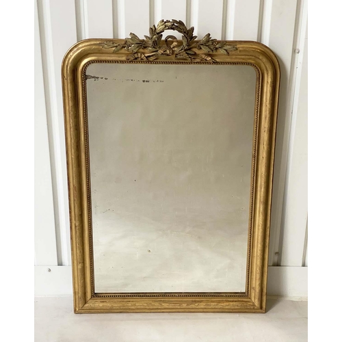 174 - OVERMANTEL MIRROR, 19th century French giltwood and gesso, arched rectangular with laurel crest and ... 