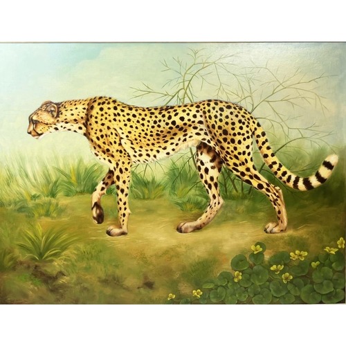 52 - JAIME MANRIQUE-PALACIN (born Burgos Spain 1940) 'Cheetah', oil on canvas 97cm x 127cm, signed and da... 