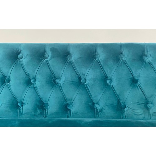 474 - SOFA/WINDOW SEAT, French style lined oak with deep button and studded ocean blue velvet upholstery, ... 