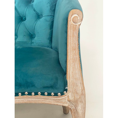 474 - SOFA/WINDOW SEAT, French style lined oak with deep button and studded ocean blue velvet upholstery, ... 