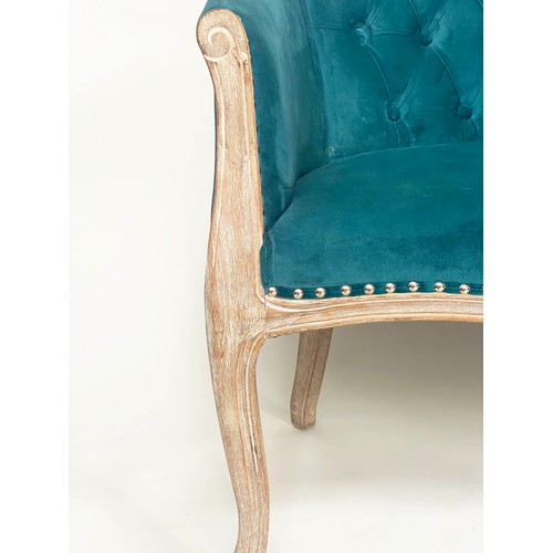 474 - SOFA/WINDOW SEAT, French style lined oak with deep button and studded ocean blue velvet upholstery, ... 