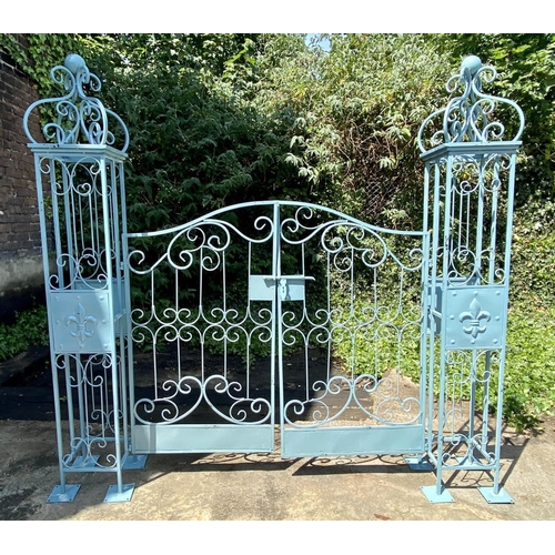 425 - ARCHITECTURAL GARDEN GATES, 168cm high, 166cm wide, 23cm wide, Regency style, turquoise painted.