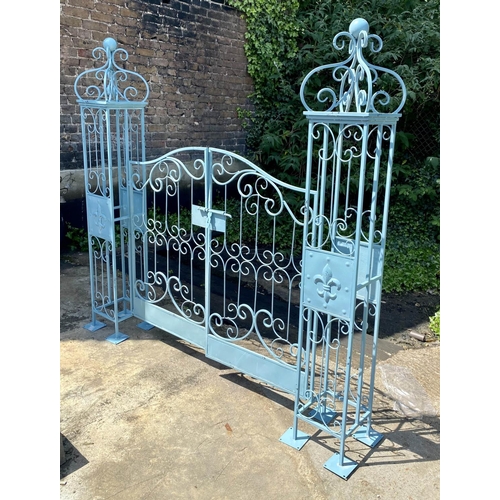 425 - ARCHITECTURAL GARDEN GATES, 168cm high, 166cm wide, 23cm wide, Regency style, turquoise painted.