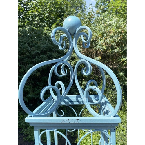 425 - ARCHITECTURAL GARDEN GATES, 168cm high, 166cm wide, 23cm wide, Regency style, turquoise painted.