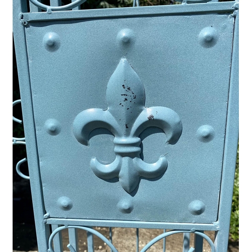 425 - ARCHITECTURAL GARDEN GATES, 168cm high, 166cm wide, 23cm wide, Regency style, turquoise painted.