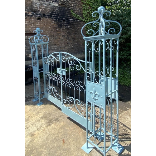 425 - ARCHITECTURAL GARDEN GATES, 168cm high, 166cm wide, 23cm wide, Regency style, turquoise painted.