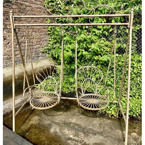 427 - GARDEN SWING SEAT, 228cm x 180cm x 90cm, Regency style with Verdigris effect metal frame.