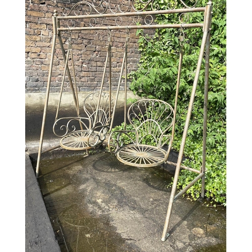 427 - GARDEN SWING SEAT, 228cm x 180cm x 90cm, Regency style with Verdigris effect metal frame.