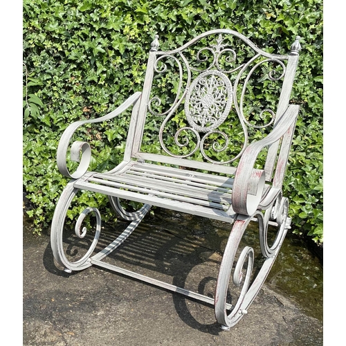 429 - GARDEN ROCKING CHAIR, 88cm x 64cm x 90cm, distressed painted metal frame.