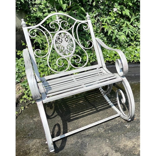 429 - GARDEN ROCKING CHAIR, 88cm x 64cm x 90cm, distressed painted metal frame.