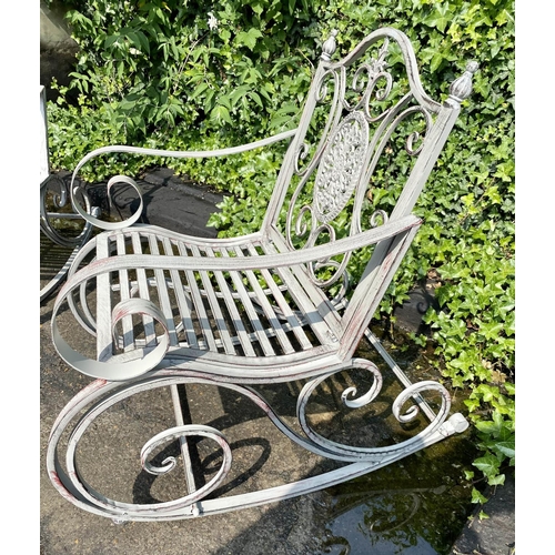 429 - GARDEN ROCKING CHAIR, 88cm x 64cm x 90cm, distressed painted metal frame.