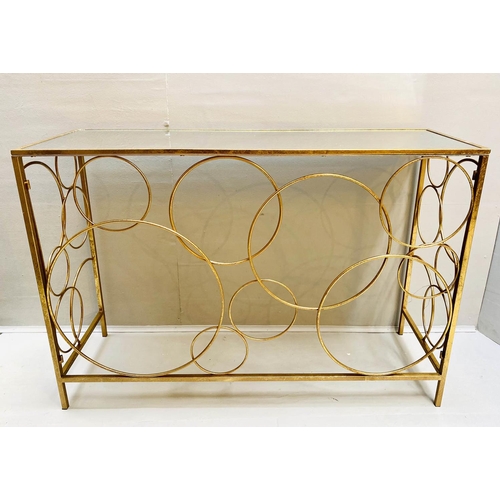 423 - BUBBLE DESIGN CONSOLE TABLE, 80cm high, 120cm wide, 40cm deep, gilt base, mirrored top.