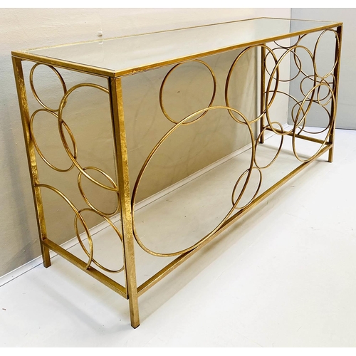 423 - BUBBLE DESIGN CONSOLE TABLE, 80cm high, 120cm wide, 40cm deep, gilt base, mirrored top.