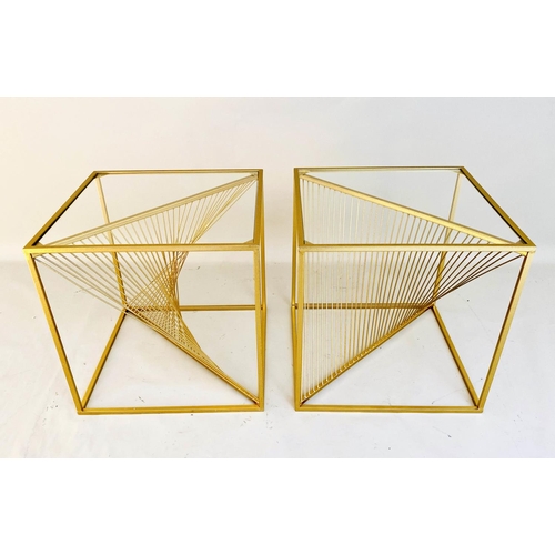 420 - SIDE TABLES, pair, gilt metal helix design, glass inserted tops, 52cm x 52cm x 52cm. (2)