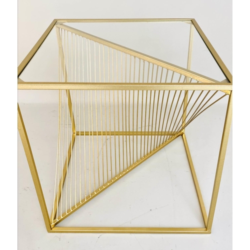 420 - SIDE TABLES, pair, gilt metal helix design, glass inserted tops, 52cm x 52cm x 52cm. (2)