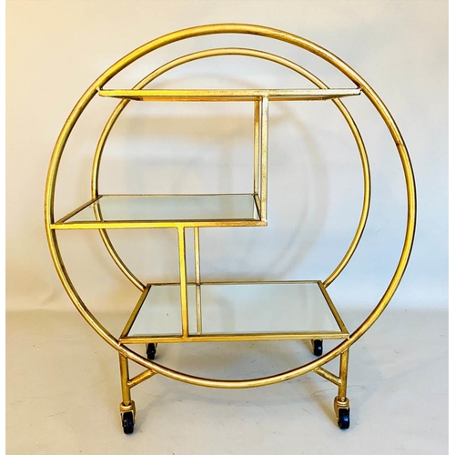 412 - COCKTAIL TROLLEY, art deco style, gilt metal frame glass shelves, 93cm x 82cm x 37cm.