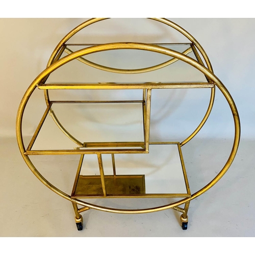 412 - COCKTAIL TROLLEY, art deco style, gilt metal frame glass shelves, 93cm x 82cm x 37cm.