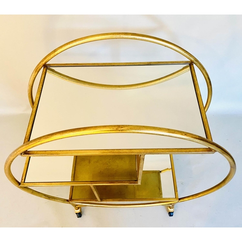 412 - COCKTAIL TROLLEY, art deco style, gilt metal frame glass shelves, 93cm x 82cm x 37cm.