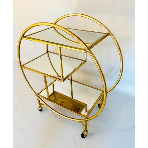 412 - COCKTAIL TROLLEY, art deco style, gilt metal frame glass shelves, 93cm x 82cm x 37cm.