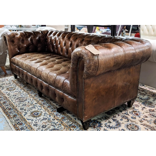 350 - HALO SOFA, 216cm W approx, Chesterfield style, tanned leather.