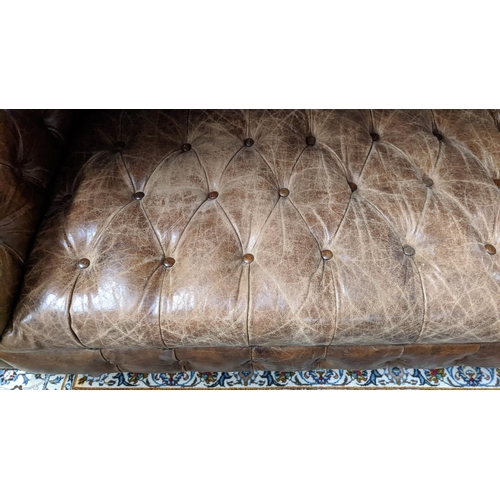 350 - HALO SOFA, 216cm W approx, Chesterfield style, tanned leather.