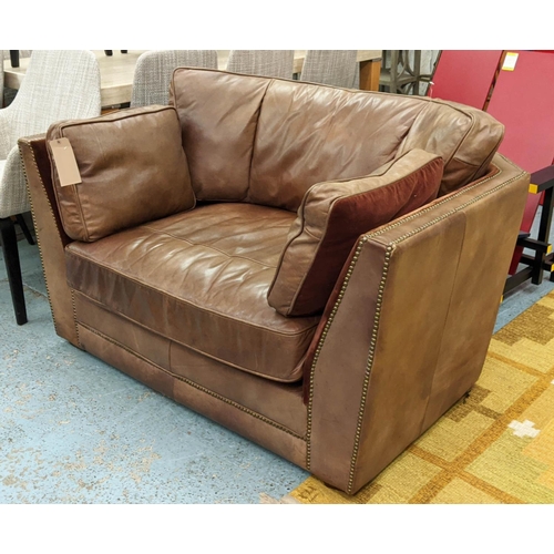 345 - LOVE SEAT, 138cm W, tanned leather and velvet studded detail.