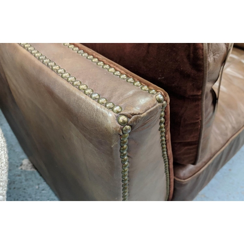 345 - LOVE SEAT, 138cm W, tanned leather and velvet studded detail.