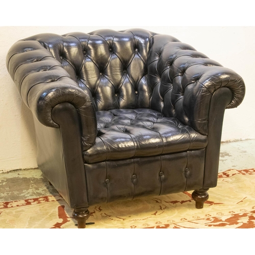 233 - CLUB ARMCHAIR, 78cm H x 100cm x 90cm, black leather on mahogany feet.