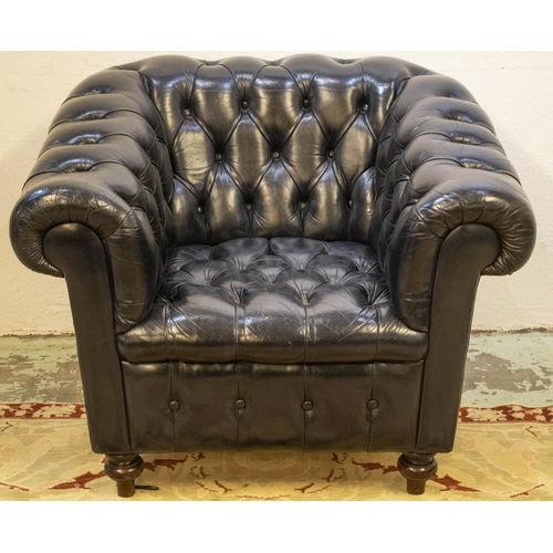 233 - CLUB ARMCHAIR, 78cm H x 100cm x 90cm, black leather on mahogany feet.