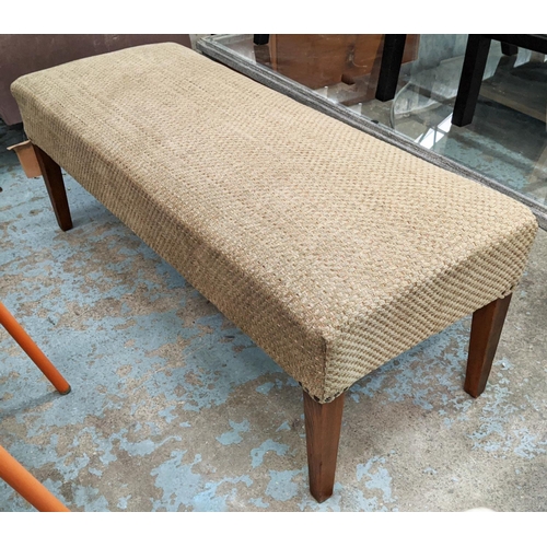 228 - HEARTH STOOL, thick woven upholstery, studded detail, 125cm x 49cm x 49cm.