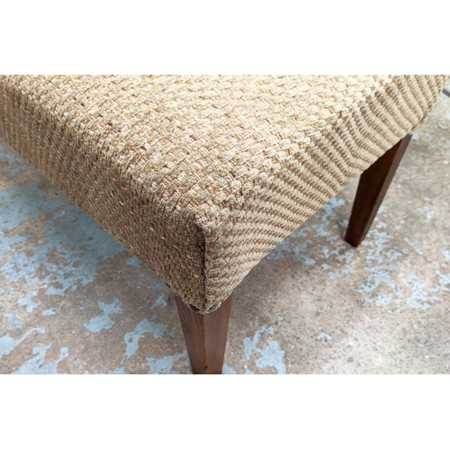 228 - HEARTH STOOL, thick woven upholstery, studded detail, 125cm x 49cm x 49cm.