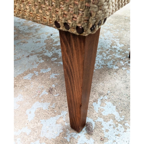 228 - HEARTH STOOL, thick woven upholstery, studded detail, 125cm x 49cm x 49cm.