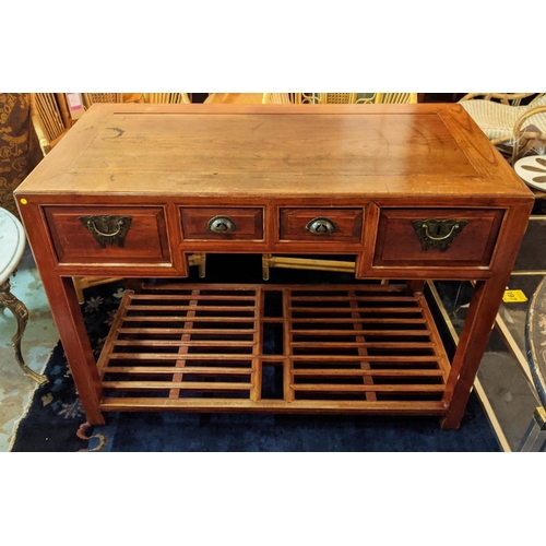 221 - DESK, 61cm D x 116cm W x 85cm H, 19th century Chinese elm with four drawers and slatted undertier.