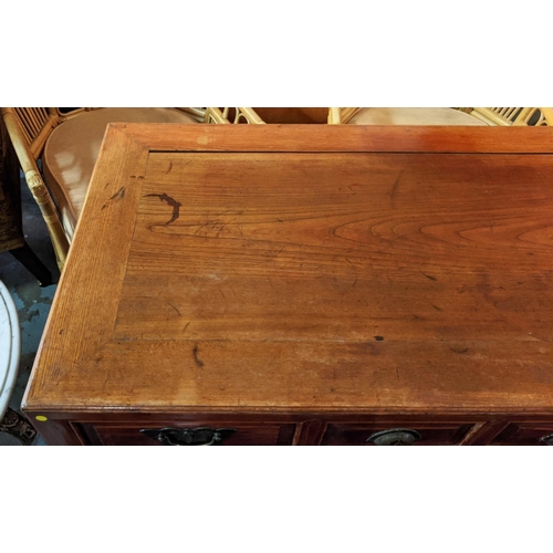 221 - DESK, 61cm D x 116cm W x 85cm H, 19th century Chinese elm with four drawers and slatted undertier.