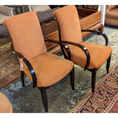 218 - DAVIDSON ART DECO STYLE ARMCHAIRS, a pair each 57cm W x 104cm H, with orange chenille upholstery and... 