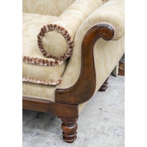 237 - SOFA, 82cm H x 205cm W x 78cm D, early Victorian mahogany, with squab and bolster cushions, in sand ... 