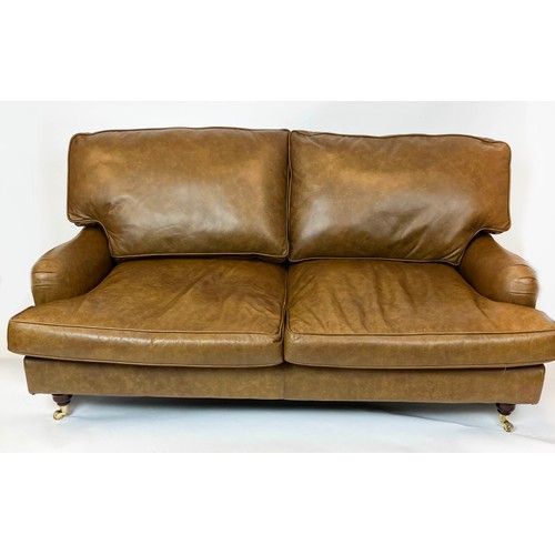 157 - HOWARD STYLE SOFA, tan leather, 98cm H x 182cm W x 94cm D.