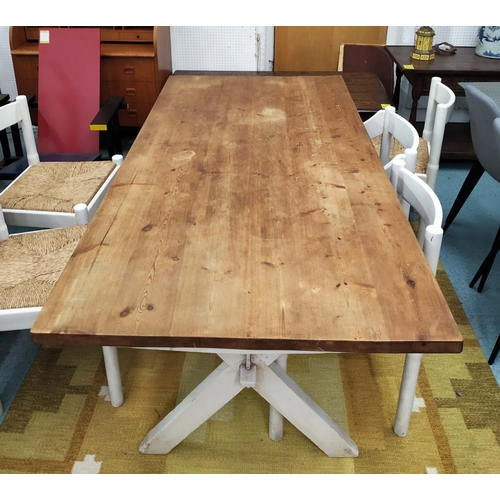 315 - FARMHOUSE DINING TABLE, pine construction, 183cm x 67cm x 75cm, X frame white painted base.