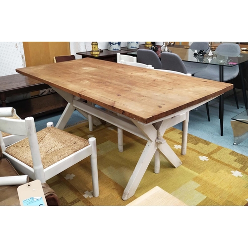 315 - FARMHOUSE DINING TABLE, pine construction, 183cm x 67cm x 75cm, X frame white painted base.