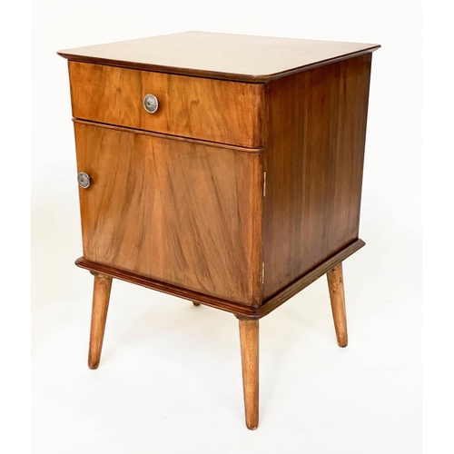 501 - BEDSIDE CABINETS, a pair, figured walnut, each with drawer and cupboard, raised upon tapering splay ... 